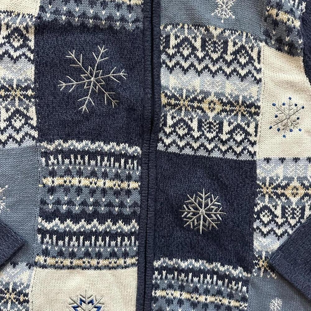Whimsical Vintage 90s cozy winter snowflake zip patchwork cardigan size M - Picture 3 of 5